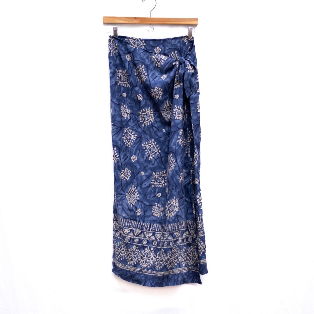 Vtg Express Wrap Skirt M Blue Batik Rayon Maxi Resort Coastal Boho Beach USA Y2K